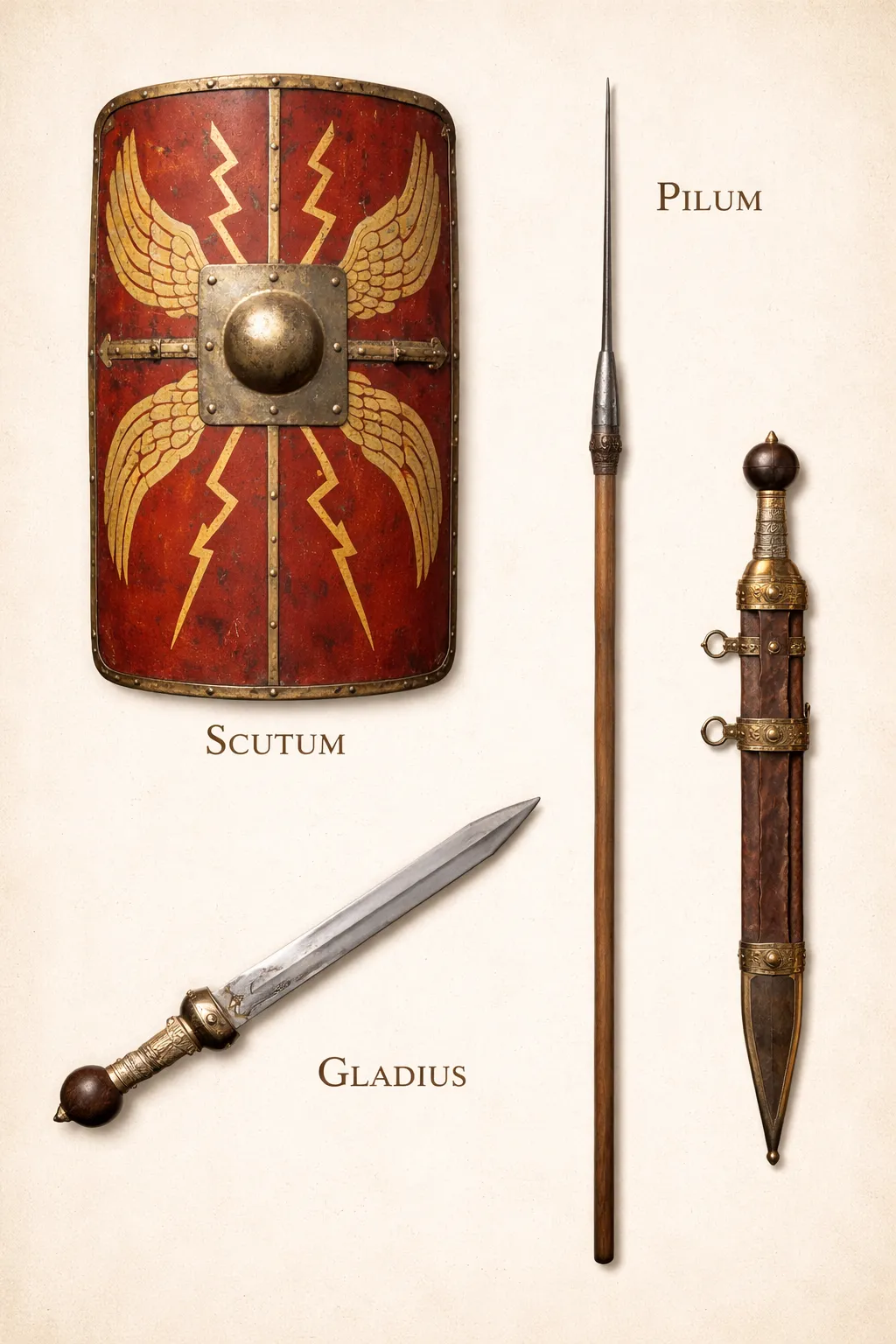 Roman equipment: The scutum, the gladius, and the pilum.
