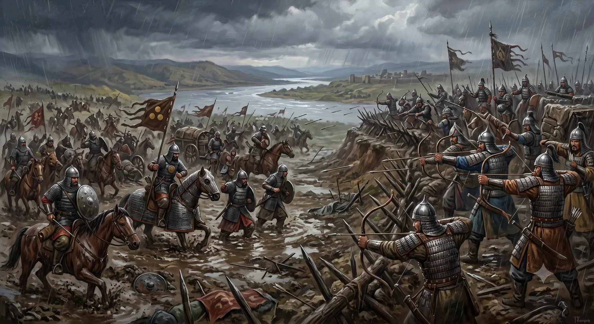 The Battle of the Mire (1365): The allied forces of Timur and Husayn suffering defeat against the Moghul army amidst torrential rain and mud.