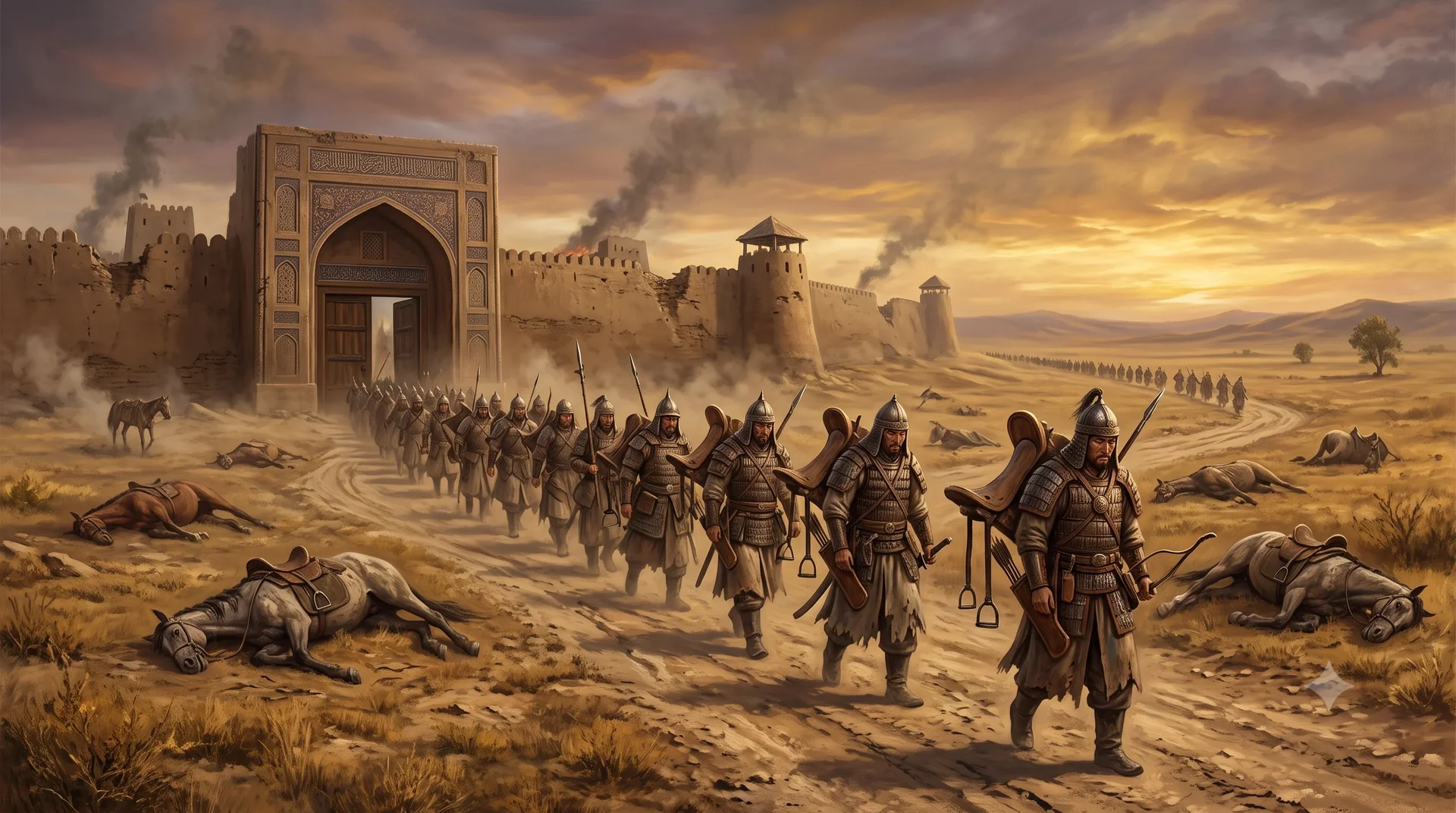 The Siege of Samarkand (1365): The Sarbadar citizens defending the city behind street barricades against the invading Moghul army.
