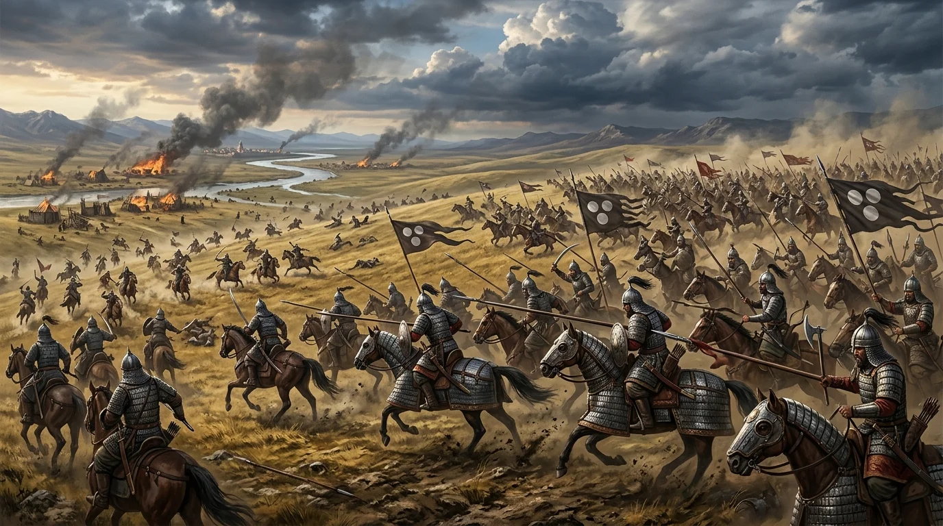 The armored cavalry host of the Timurid army surging across the Eurasian steppes. Timur decisively defeated Tokhtamysh's Golden Horde forces at the Kondurcha and Terek Rivers, dismantling northern caravan routes.