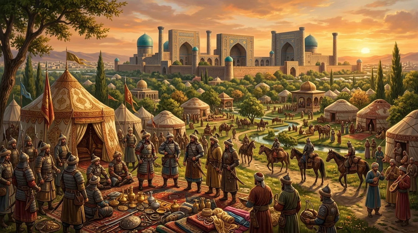 A lavish royal garden camp outside Samarkand. Timur and his nomadic commanders resided in silk pavilions and ornate tents rather than stone palaces, redistributing campaign spoils to maintain military loyalty while transforming Samarkand into a dazzling imperial capital.