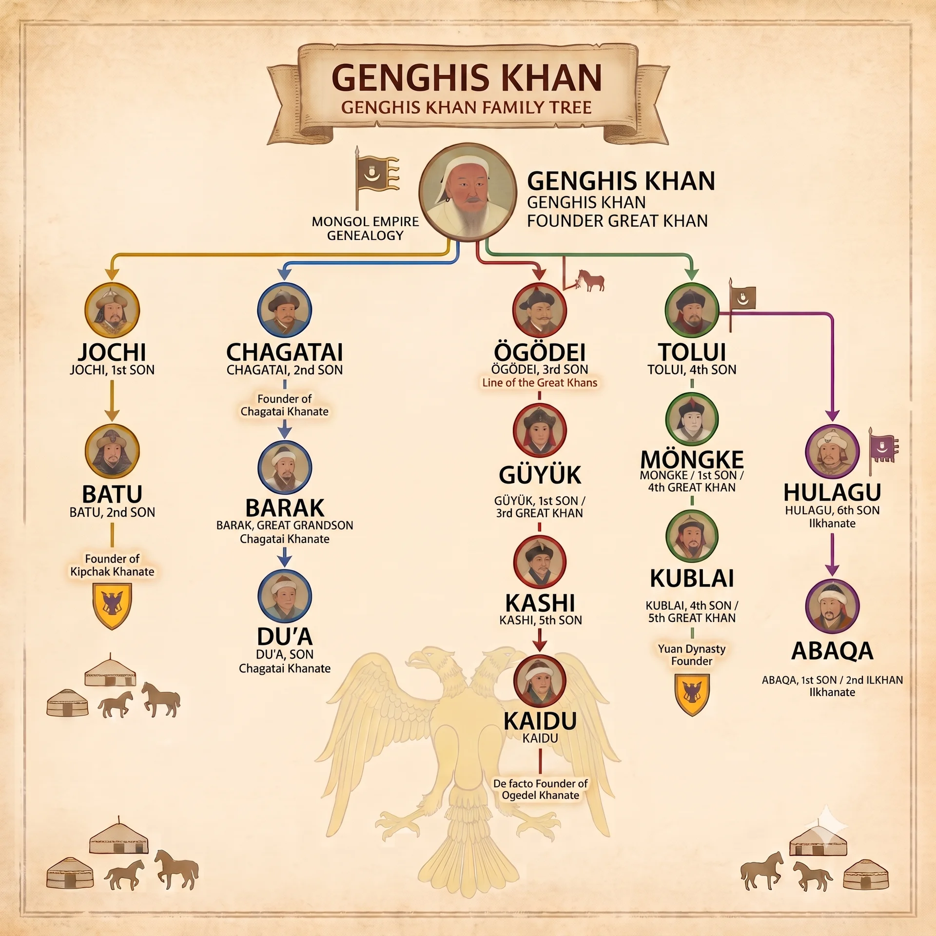 Family tree from Genghis Khan to the founders of the four Khanates.