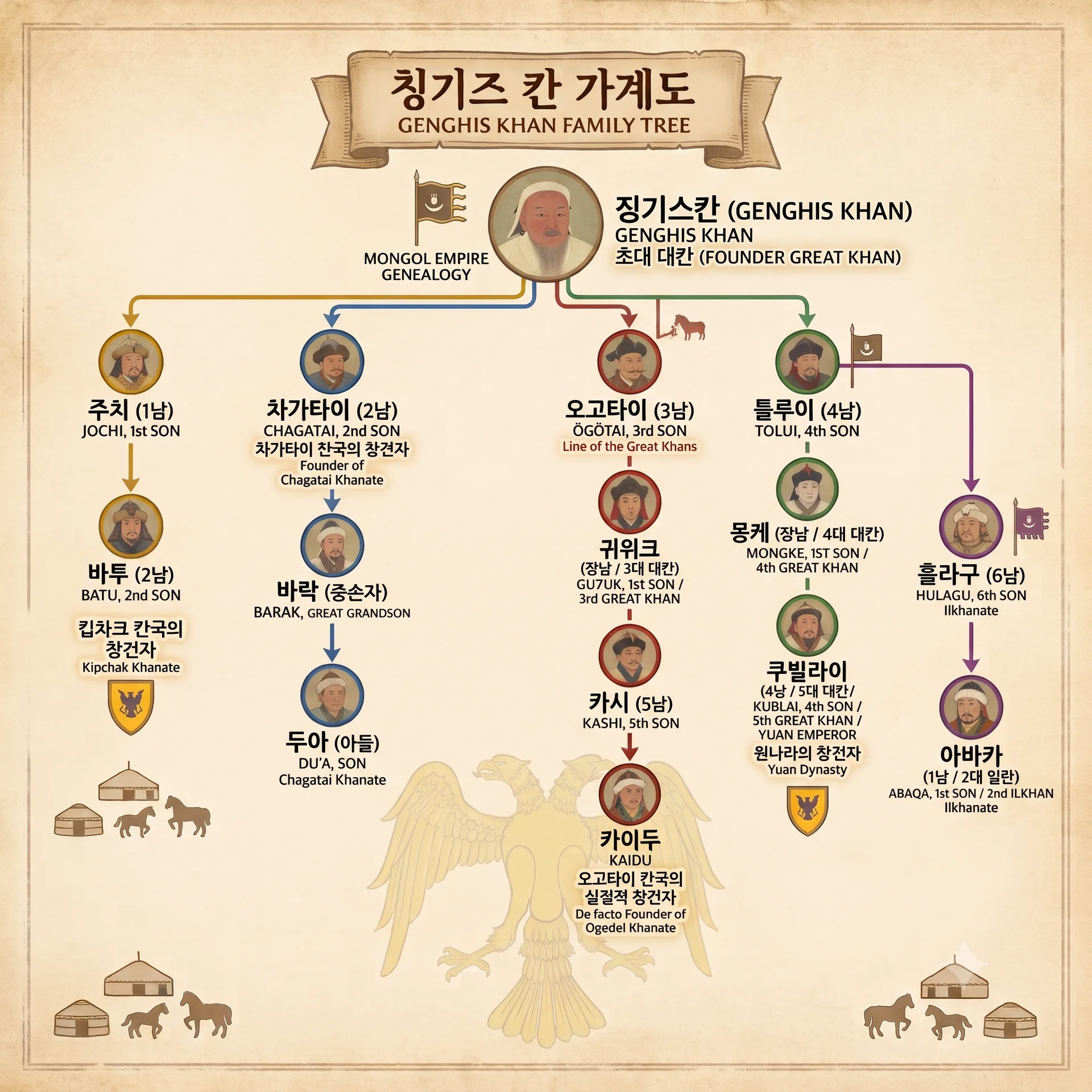 칭기즈 칸부터 4대 칸국의 창건자들로 이어지는 가계도.