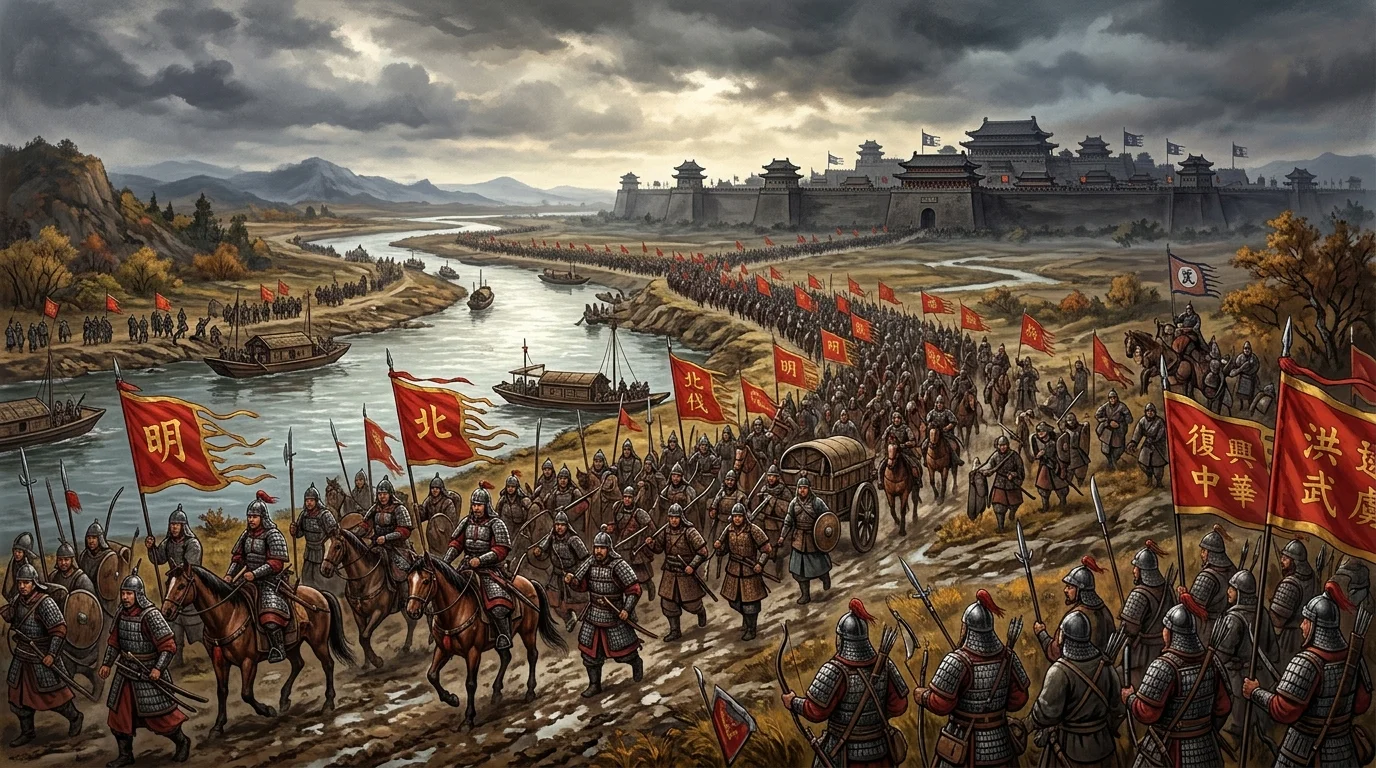The Ming Northern Expeditionary Army marches along the Grand Canal to press upon the Mongol capital of Dadu, signaling the end of Yuan rule in China.