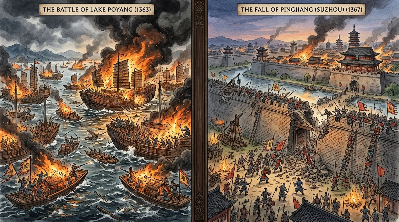 Zhu Yuanzhang's decisive victories: Using fire ships against Chen Youliang's chained fleet at Lake Poyang (left) and the siege of Zhang Shicheng's Pingjiang (right).