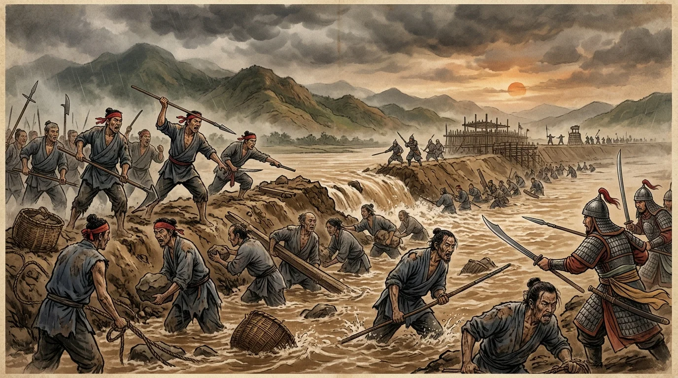 Peasant laborers forced to repair the bursting Yellow River embankments rise up in rebellion, marking the beginning of the Red Turban Rebellion.