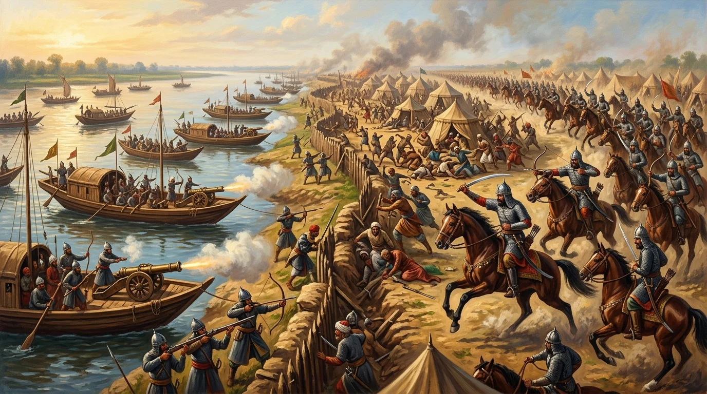 The first coordinated amphibious artillery operation in Indian history executed by Babur at the 1529 Battle of Ghaghra. Heavy bronze cannons and matchlock musketeers aboard armed riverboats unleash a fierce frontal bombardment, while mobile forces crossing upstream execute a decisive pincer assault against the Afghan-Bengal coalition.