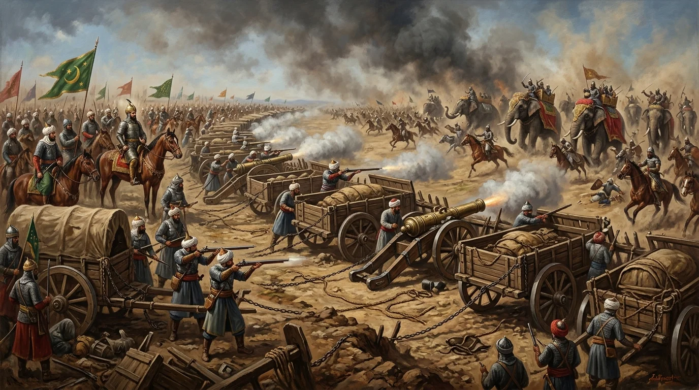 Babur's Ottoman-style wagon fortress (Araba / Tabur Cengi) at the 1526 First Battle of Panipat. 700 chained baggage carts protect bronze field cannons and matchlock musketeers, unleashing devastating volleys against the oncoming war elephants of the Delhi Sultanate.