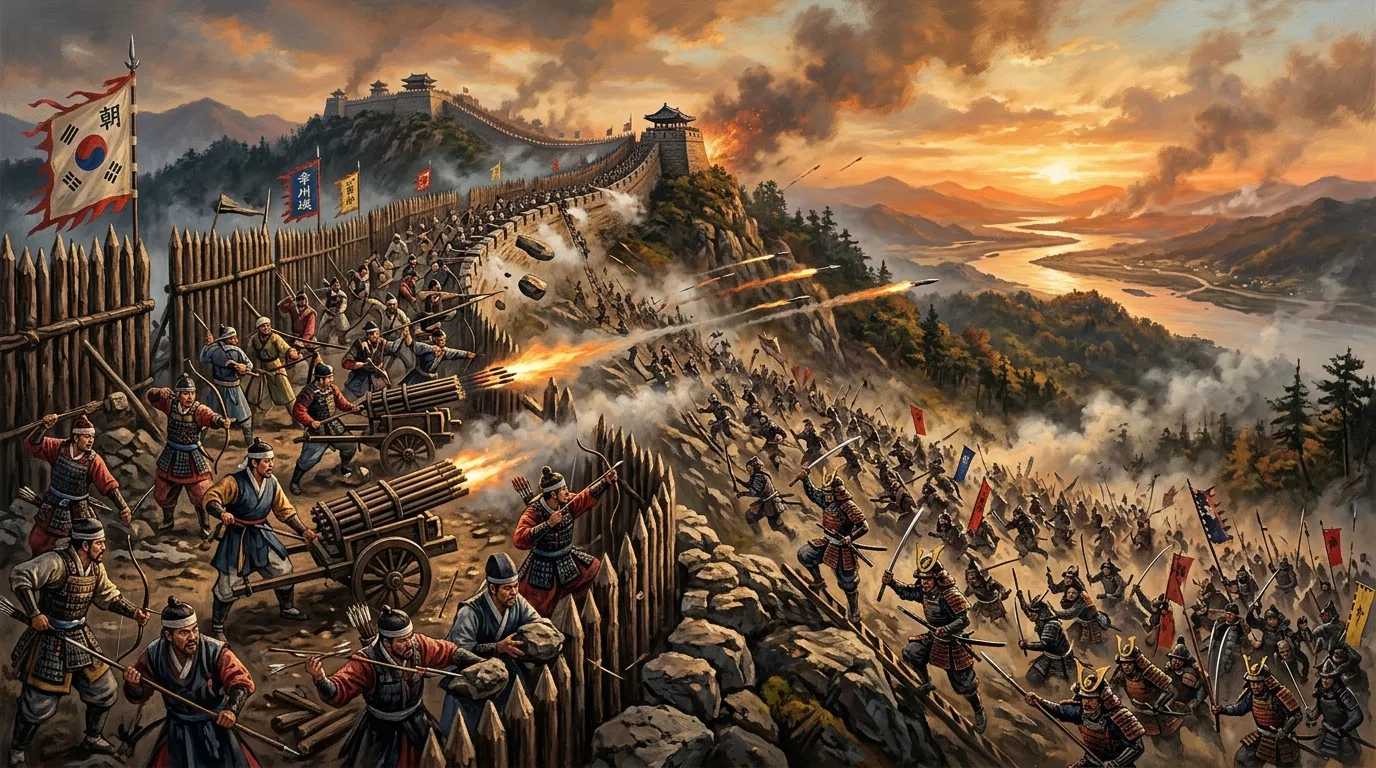 The Battle of Haengju: Joseon defenders hold the mountain fortress against a much larger Japanese force.