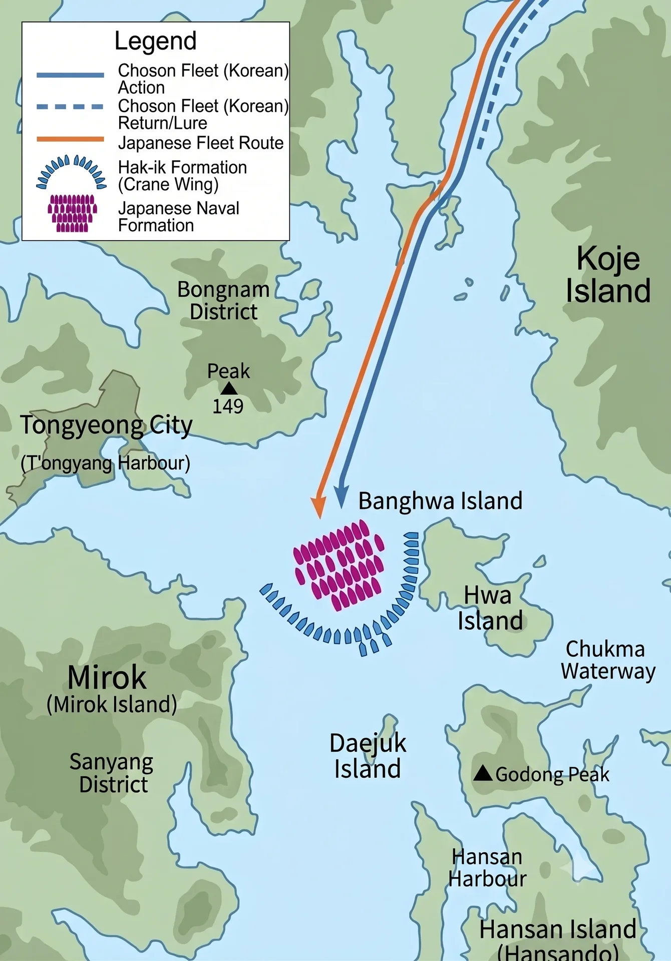 The Battle of Hansando: The Joseon navy lures the Japanese fleet into an open-sea ambush, destroying it with the Crane Wing formation.