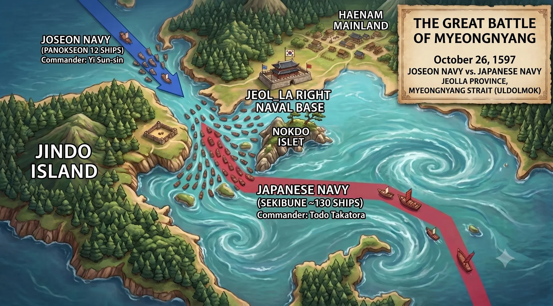 The Battle of Myeongnyang: Admiral Yi Sun-sin defeats 133 Japanese warships with just 13 Panokseon vessels.