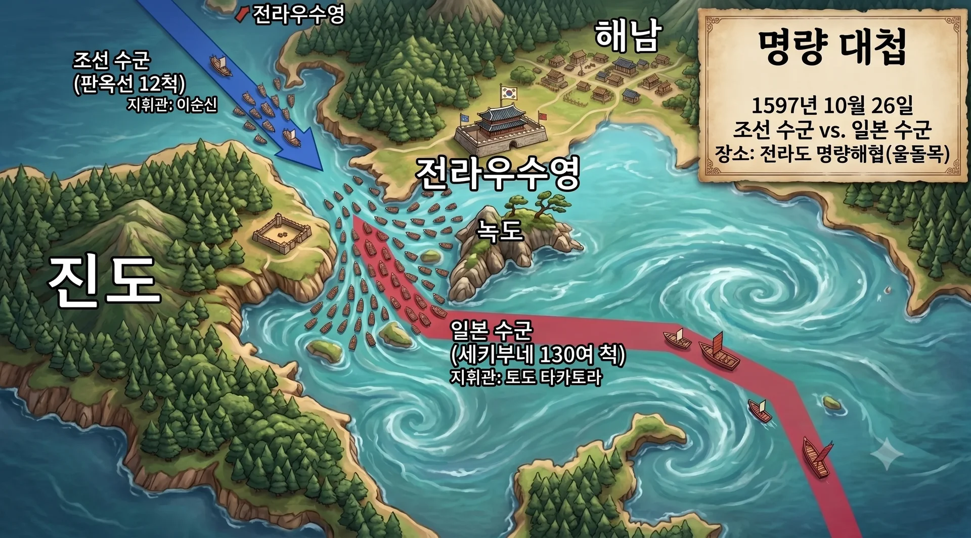 명량 해전: 울돌목의 거센 조류를 활용하여 단 13척으로 133척의 일본 함대를 물리친 대승.