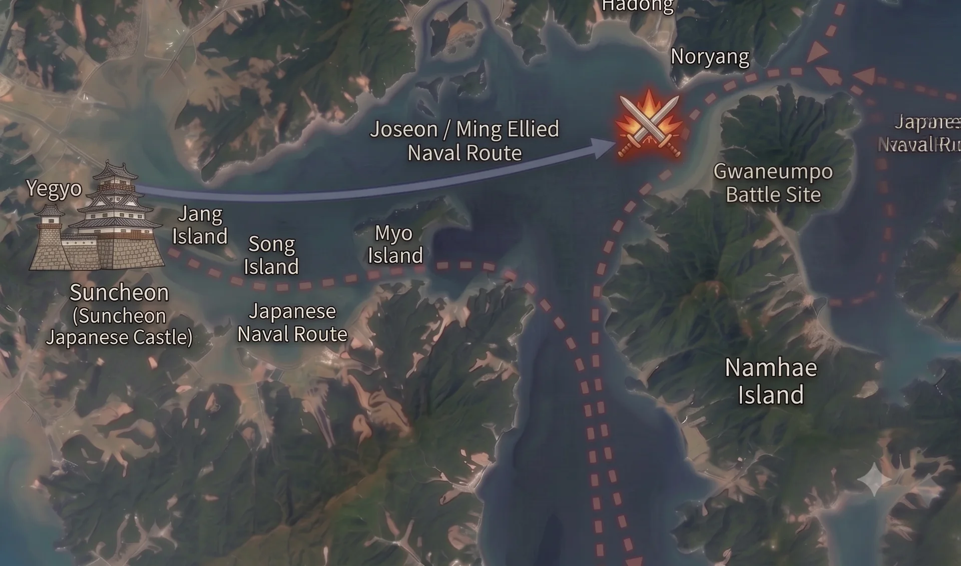 The Battle of Noryang: Feigning an attack on Suncheon Fortress, the allied fleet ambushes and defeats Japan's relief forces at Noryang.