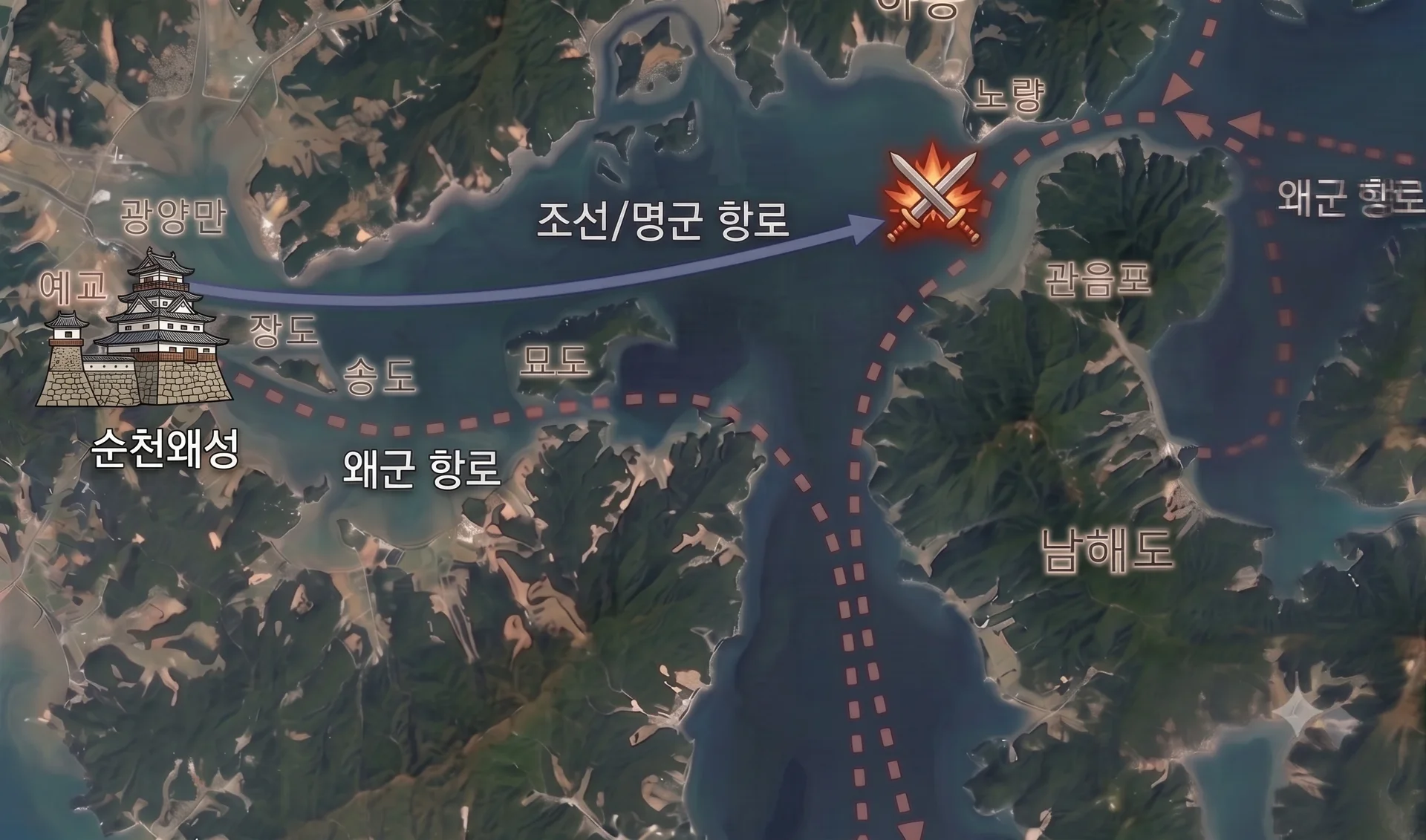 노량 해전: 순천왜성을 공격하는 척 유인하며 노량에서 구원 함대를 매복 공격해 물리친 해전.